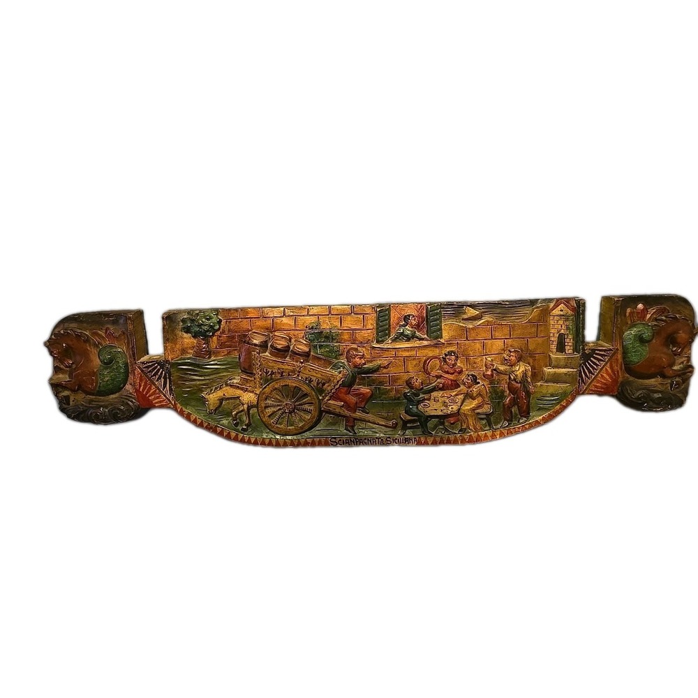 ANTIQUE 19th century Sicily Sicilian Horse Wagon Carriage Carved Wood Carretto